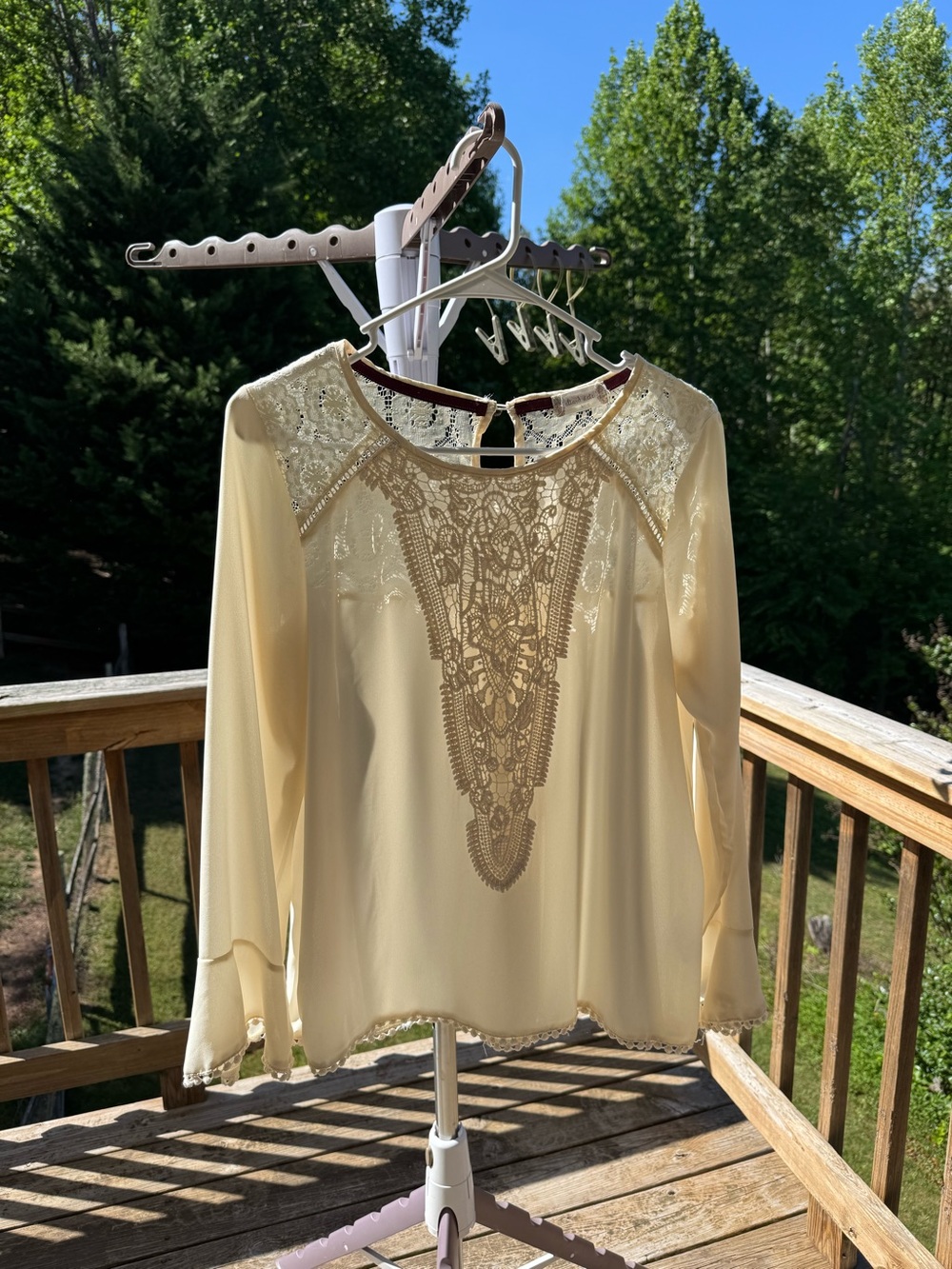 Altar’d State Women's Cream Lace Yoke Long-Sleeve Blouse Large
